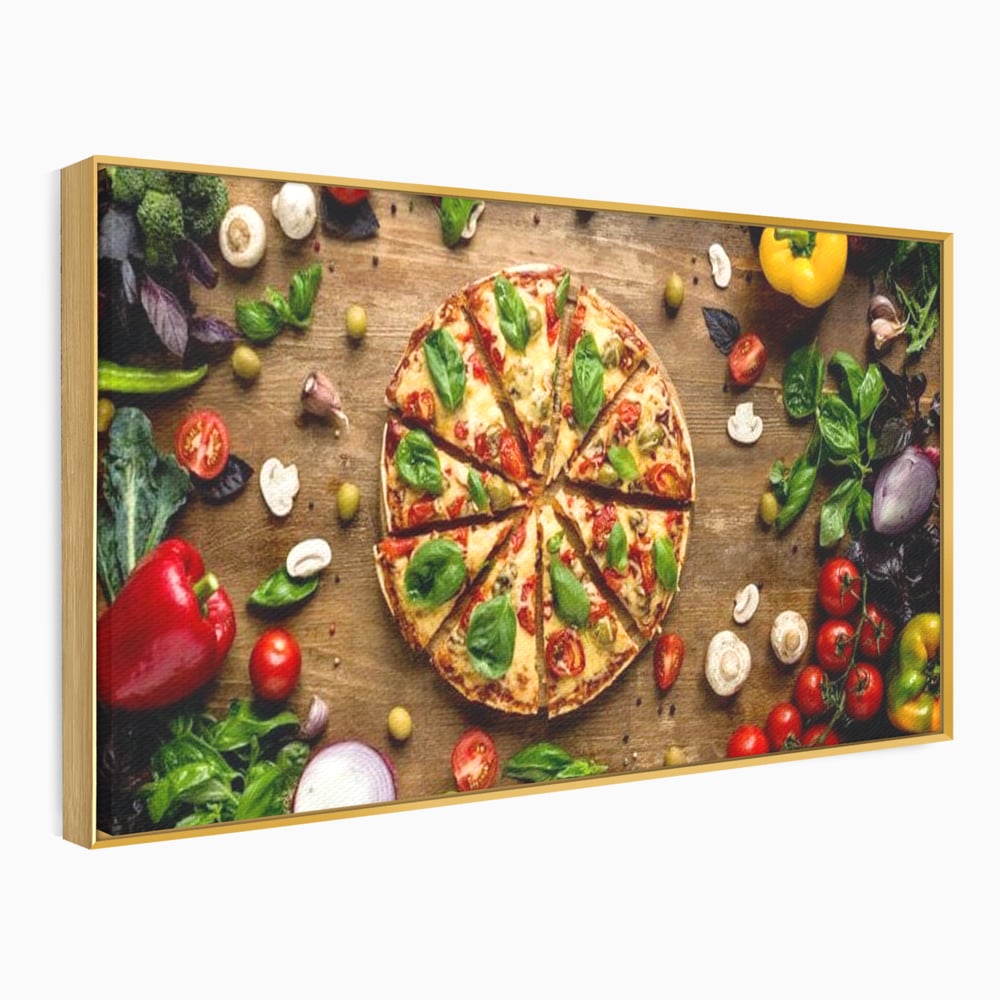 Tablou canvas cu tablou canvas cu pizza si legume, in rama de aluminiu auriu